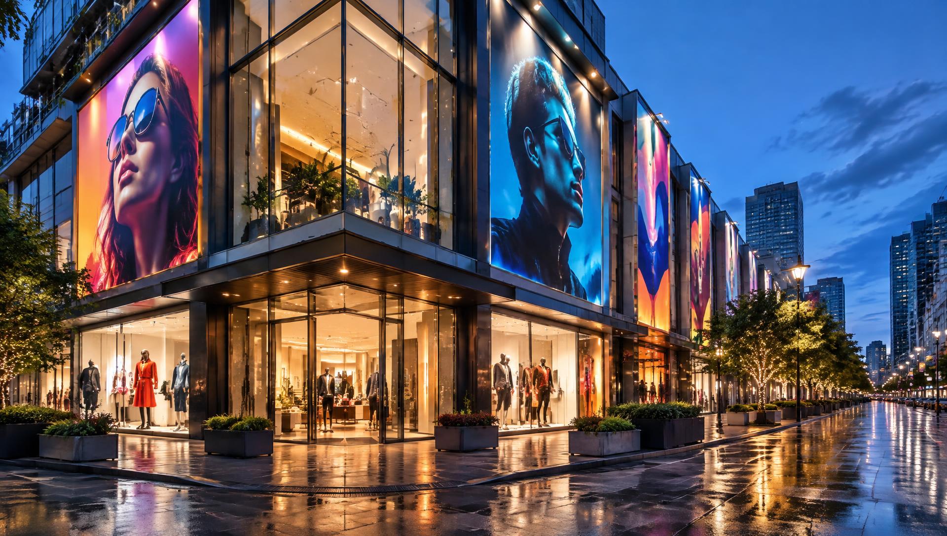 Fachada comercial con grandes lonas publicitarias iluminadas
